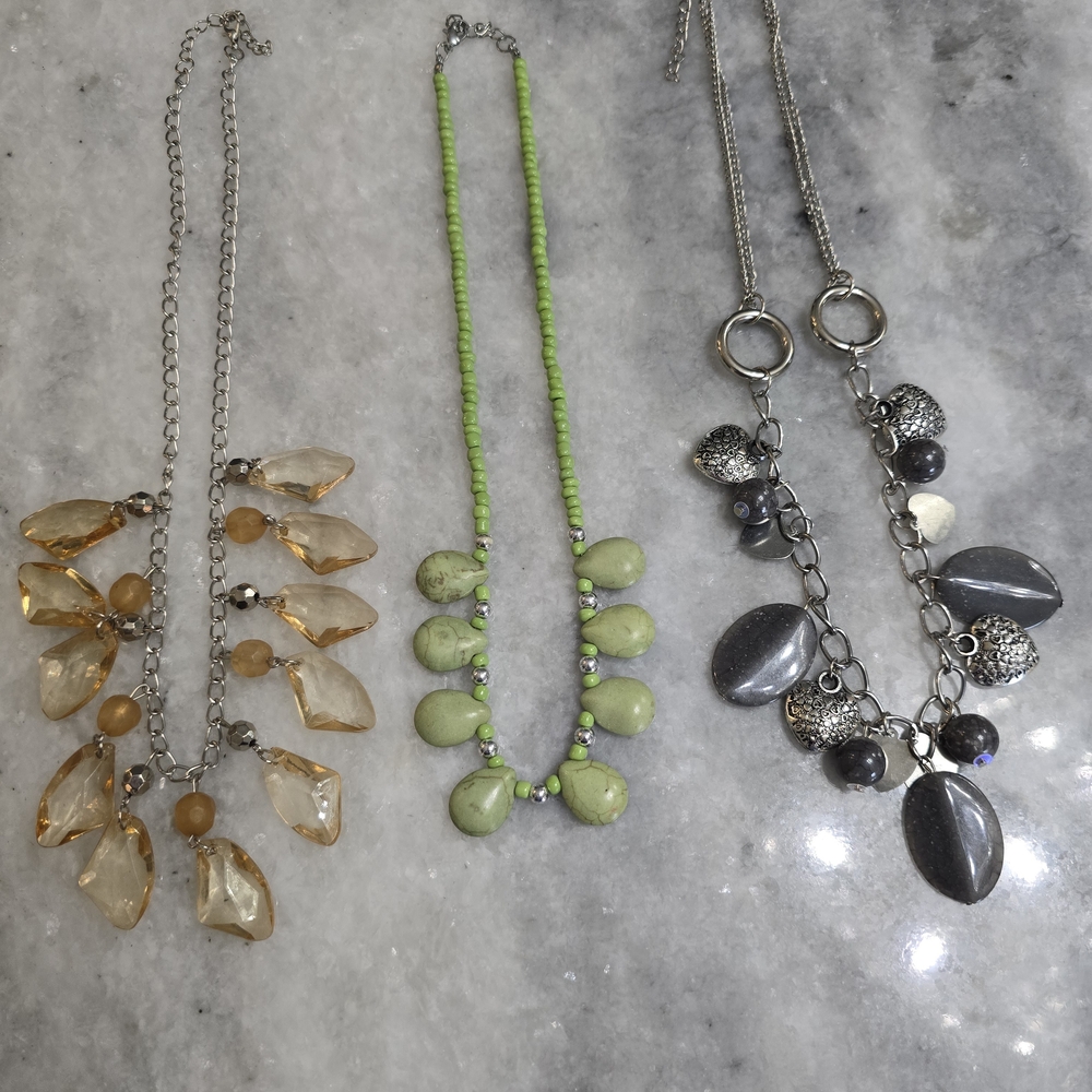 3 Women's Fun Necklaces Amber, Green, Gray